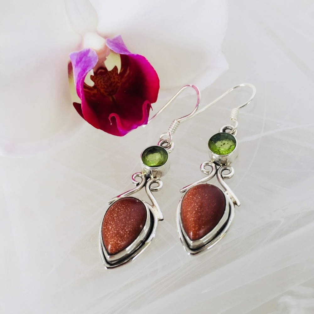 .925 Sterling Silver Earrings Goldstone & Peridot - Picture 2 of 8